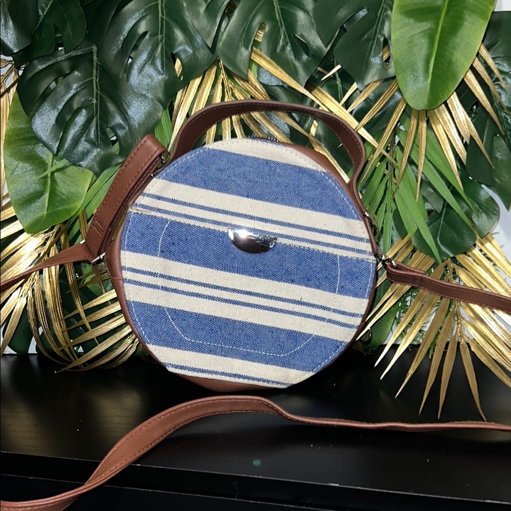 Round Blue and White Striped Bag with Brown Accents